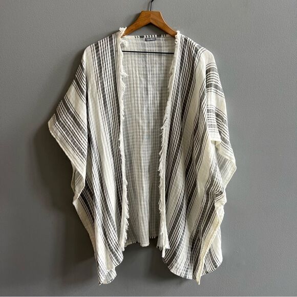 Aerie Boho Striped Cover Up Fringe Kimono White Black Gray One Size - Picture 2 of 7